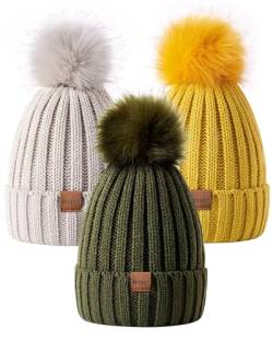 MSDC Beanie Mütze Damen mit Bommel 3 Stück, Mütze Damen Winter Modisch Gestrickte Warme Totenkopfmütze, Mütze Damen für Kaltes Wetter(Beige+Armeegrün+Gelb) von MSDC