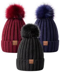 MSDC Beanie Mütze Damen mit Bommel 3 Stück, Mütze Damen Winter Modisch Gestrickte Warme Totenkopfmütze, Mütze Damen für Kaltes Wetter(Schwarz+Marine+Burgund) von MSDC