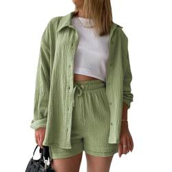 MSIYOW Damen Zweiteiler Sommer Musselin Bluse Hemd und Hosen Shorts Loungewear Damen Set Travel Outfit Elegant (M, Hellgrün) von MSIYOW