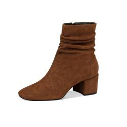 MSONLYDN Damen Stiefeletten mit niedrigem klobigem Absatz, 6,1 cm, Wildleder, Blockabsatz, runder Zehenbereich, seitlicher Reißverschluss, kurze Stiefel für Arbeit, Freizeit, Braun, 40.5 EU von MSONLYDN