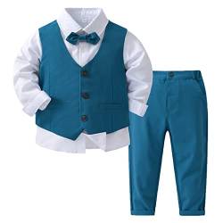 MSemis Baby Jungen Taufanzug Gentleman Bekleidungssets Langarm weißes Hemd +Fliege +Hose + Weste für Festlich Hochzeit Bekleidung Set 4tlg Blau 80-86 von MSemis