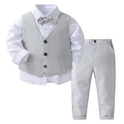 MSemis Baby Jungen Taufanzug Gentleman Bekleidungssets Langarm weißes Hemd +Fliege +Hose + Weste für Festlich Hochzeit Bekleidung Set 4tlg Grau 92-98 von MSemis