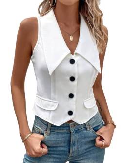 MSemis Damen Weste Vintage Ärmellos Reverskragen Revers Einfarbig Kurze Gilet Jacke Tank Top für Büroarbeit Tägliche Weiß S von MSemis