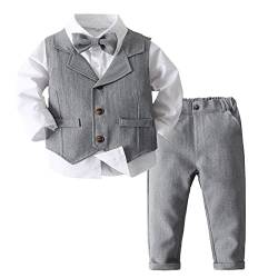 MSemis Kleinkinder Jungen 4 Stück Gentleman Smoking Outfit Langarm Hemd + Weste + Hosen + Krawatte für Festlich Taufe Hochzeit Grau 98-104 von MSemis