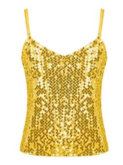 MSemis Mädchen Unterhemd Glitzer Pailletten Tank Top Trägershirt Verstellbare Fasching Party Jazz Oberteil Gold/Silber/Schwarz/Lila/Blau W Gold 140-152 von MSemis