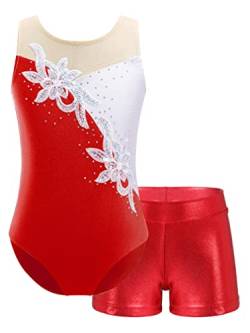 MSemis Turnanzug für Mädchen Ballett Trikot Metallic Tanz Body mit Kurze Hose Shorts Gymnastik Overall Leotards Tanzkostüm Wettbewerb Rot 122-128 von MSemis