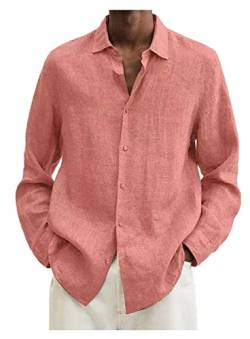 MUGUOY Herren Regular-Fit Langarm-Leinen-Baumwollhemd, Herren-Langarm-Hemden mit Knöpfen, lässig, locker, einfarbig (3XL, Pink) von MUGUOY