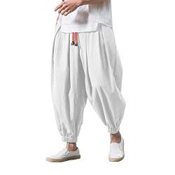 Herren Jogginghose mit Weitem Bein, Baggy Haremshose Herren Japanisch Einfarbige Freizeithose Baumwolle Leinen Loose Casual Heimhose Lang Leichte Atmungsaktiv Sport Hose Große Größe Fitness (White, L) von MUMEOMU