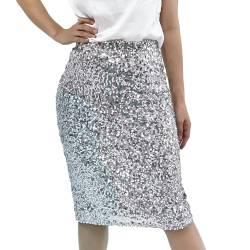 MUNAFIE Damen Glitzer Rock Pailletten Rock Sexy Party Rave Skirt Outfit Wickelrock Röcke für Damen Silber-XXL von MUNAFIE