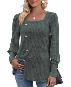 MYCOLORBLUE Damen Herbst Pullover Tunika Weich Stretch Langarm Deko Knöpfen Strickpullover T Shirt Grün M von MYCOLORBLUE