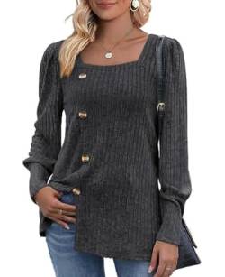 MYCOLORBLUE Damen Herbst Pullover Tunika Weich Stretch Langarm Deko Knöpfen Strickpullover T Shirt Schwarz XL von MYCOLORBLUE