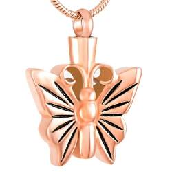 MYPOWER Edelstahl-Halskette für Damen, Schmetterlingsanhänger, vergoldeter Anhänger, Kremationsasche-Schmuck, Gedenkurnen-Halskette-Rose von MYPOWER