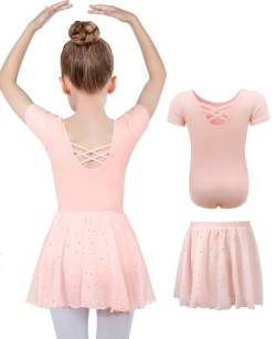 MYSSUCI Ballettkleidung Mädchen Ballettkleid Kinder Kurzarm Baumwolle Ballettanzug Tanzbody Tanzkleid mit Chiffon Rock Tütü 3-11Jahre (Rosa, 150) von MYSSUCI