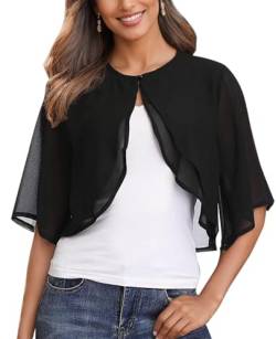 MYSSUCI Chiffon Bolero Damen Festlich 3/4 Ärmel Elegant Kurz Bolerojacke Leichte Schulterjacke Shrug Top (Schwarz, 3XL) von MYSSUCI