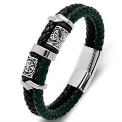 MYZTTZR Black green,185mm, Wikinger Rostfreie Stähle Leder Armband Herren, Zweifarbiger Geflochtener Schmuck mit Magnet Verschluss Armbänder für Frauen von MYZTTZR