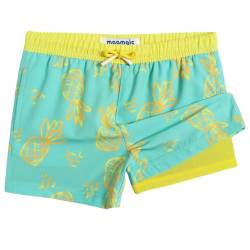 MaaMgic Badehose Jungen Kinder | Schnelltrocknend Schwimmhose Kurz Swim Shorts für Kleine | 2 in 1 Badeshorts mit Kompression Tasche Verstellbare Tunnelzug MEHRWEG,Ananas Hellgrün Gelb,2 Jahre von MaaMgic