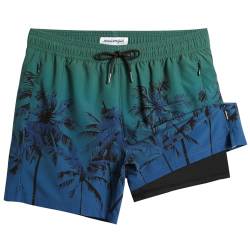 maamgic 12,7 cm Herren-Badehose mit Kompressionsfutter, 2-in-1 Badeshorts, Stretch, schnell trocknend, mit Reißverschlusstaschen, Dunkelgrün-schwarze Kokospalmen, Large von MaaMgic