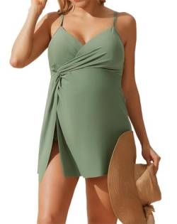 Maacie Damen-Bademode mit V-Ausschnitt, Minikleid, Spaghettiträger, einfarbig, Sommer-Bademode, dehnbar, Strandkleidung Armeegrün S von Maacie