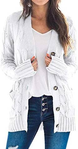 Maavoki Damen Langarm Strickjacke Elegant Strick Mantel Open Front Sweater Cardigan mit Knopfleiste und Taschen,Weiß,L von Maavoki