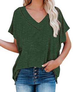 Maavoki Damen V-Ausschnitt Kurzarm T-Shirt Casual Lose Basic Sommer Einfarbig Tee Tops (Grün, L) von Maavoki