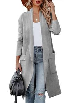 Maavoki Strickjacke Damen, Langarm Offene Front Cardigan mit Tasche, Casual Lange Einfarbig Strickmantel Grau, XL von Maavoki