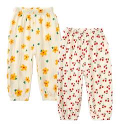 2er Pack Kinder Jungen Mädchen Pumphose Sommer Baumwoll Leinenhose Leichte Atmungsaktive Anti-Moskito Bloomers Cartoon Lässige Hose(Gelbe Blumen und Kirschen,130) von Machbaby