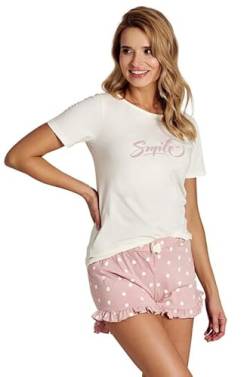 Mademoiselle Sommeil Damen Schlafanzug Kurz, 2-Teiliges Pyjama Set | Shorty aus 100% Baumwolle | Kurzärmliges cremefarbenes Oberteil mit Druck & Rüschenhose in Altrosa mit Punkten von Mademoiselle Sommeil