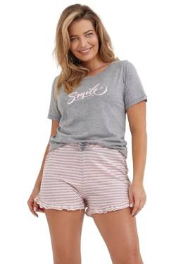 Mademoiselle Sommeil Damen Shorty Pyjama Schlafanzug Set | Grau Meliert & Pink Gestreift | 80% Baumwolle, 20% Polyester | Kurzarm & Rüschendetails von Mademoiselle Sommeil