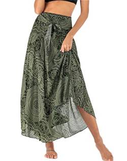 FEOYA Rock Boho Lang Damen Sommerrock Maxi Rock Hohe Elastische Taille Strand Hippie Rock Gedruckt Blumen Bohemian Strandrock Strandkleid Urlaub Rock Blumenmuster Floral A Linie Grün Sommerkleid Gypsy von Maeau