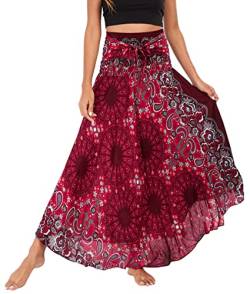 FEOYA Rock Boho Lang Damen Sommerrock Maxi Rock Hohe Elastische Taille Strand Hippie Rock Gedruckt Blumen Bohemian Strandrock Strandkleid Urlaub Rot Rock Blumenmuster Floral A Linie Sommerkleid Gypsy von Maeau