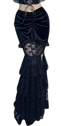 Maeau Gothic Rock Damen Punk Hüftrock Spitze Bleistiftrock Steampunk Wickelkleid Schwarz Karnevalsrock Mittelalter Cocktailkleid Transparent Spitzenkleid für Cosplay Halloween Fasching XS von Maeau