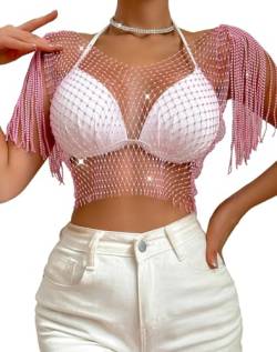 Maeau Netzshirt Damen Glänzende Netzoberteil Langarm Fischnetz Tank Top Pailletten Durchsichtiges Netz Weste Strasssteine Sparkle Crop Top Mesh Sexy Bikini Cover Up für Nachtclub Party M von Maeau