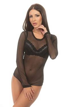 Magi Langarm-Damen Body | transparenter Tüll-Bodysuit mit Rundhals | Basic-Body mit Langen Ärmeln Größen | schicker Unterzieh-Body für Frauen (schwarz, XL) von Magi