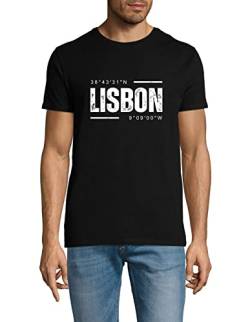 Lissabon Koordinaten Portugal Stadtreise Memento Unisex Herren Damen T-Shirt Baumwolle Urban Classic Tops Schwarz, Black, 56 von Maikomanija