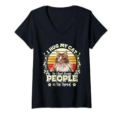 Damen Maine Coon Besitzer I HUG MY CAT Lustiges Maine Coon T-Shirt mit V-Ausschnitt von Maine Coon Geschenk Main Coon Shirt Katzenbesitzer