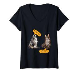 Damen Maine Coon I LIKE YOU I LIKE MYSELF TOO Lustiges Maine Coon T-Shirt mit V-Ausschnitt von Maine Coon Geschenk Main Coon Shirt Katzenbesitzer