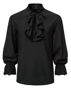 MakingDa Herren Renaissance Steampunk Viktorianisch Langarm Jabot Kragen Mittelalter Piraten Hemd Tops, Schwarz , XXL von MakingDa