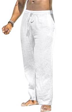 MakingDa Herren Baumwoll-Leinenhose Taschen Sommer Casual Leichte Kordelzug Elastische Warten Yoga Hosen Lounge Hosen Entspannt Gerade Bein Jogger Strand Breakable Pyjamas Bottoms weiß 36 XXXL von MakingDa