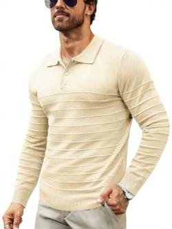 Makkrom Herren-Polo-Shirt, langärmelig, gestreift, lässig, schmale Passform, solider Strickpullover, klassisches Golf-Shirt, Beige, Mittel von Makkrom