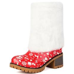 Makmeoyw Damens Christmas Stiefel Red Block Heel Print Kn?chel Stiefel With Fell Female Winterstiefel Ohne Verschluss Fold Over Chelsae Stiefeletten Abend Party Warm Gefüttert Stiefel Size 10.5 von Makmeoyw