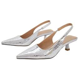 Makmeoyw Metallic Silver Slingback Pumps für Frauen Kitten Heel Closed Pointed Toe Sling Back Heels Snakeskin Pumps Hochzeit Party Dress Sandalen Size 7 von Makmeoyw