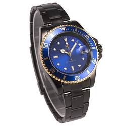 ManChDa Herren Armbanduhr - Rostfreier Stahl Sport Armbanduhr Wasserdicht Automatische mechanische Schwarzes & blaues Zifferblatt Mit Kalender + Geschenkbox von ManChDa