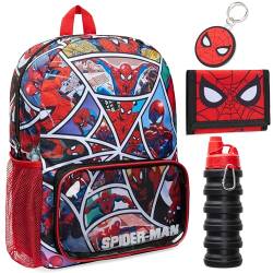 Marvel Spiderman Schultasche Set 4 Stk. Rucksack Kinder, Trinkflasche, Geldbörse & Schlüsselanhänger, Schulranzen große Kapazität von Marvel
