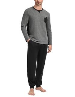 Marvmys Herren Schlafanzug Lang Baumwolle Winter Pyjama Set Schlafanzüge Männer Langarm Shirt mit Brusttasche Pyjamahose mit Tasche und Bündchen dunkelgrau S von Marvmys