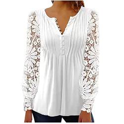 Langarmshirt Damen Trendige Plissee Oberteile Ausgehöhlter Blumenstickerei Pullover Bluse mit Knopfleiste Tops V-Ausschnitt Langen Ärmeln Pulli Shirt Regular Fit Blusentops Elegant Partywear von Masrin