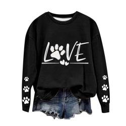 Masrin Sweatshirt Damen Lässige Hundepfoten Aufdruck Oberteile Valentinstag Liebesbrief Muster Pullover Plus Size Langärmliges Puli Shirt All-Match Rundhals Sweater Locker Bequem Tunika Bluse S-5XL von Masrin