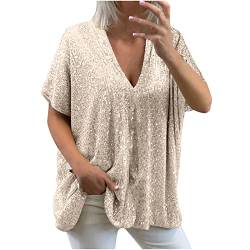 Trendige Pailletten Oberteile für Damen Oversize Lockerer Pullover Sexy V-Ausschnitt T-Shirt Einfarbiges Pulli-Shirt mit kurzen Ärmeln Lose Tunika Bluse Longshirt Lang Pullover Übergröße Longtops von Masrin