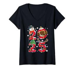 Damen Weihnachten 2025 Familie passender Schlafanzug Schneemann Weihnachtsmann T-Shirt mit V-Ausschnitt von Matching Family Christmas Pajamas Christmas 2025