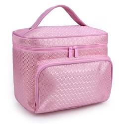 Mateju Einfarbig Plaid-Serie Kosmetiktasche, Polyester Kulturtasche Damen,Paaren Tragbare Kulturbeutel, Make up Tasche, Waschbar Kosmetiktasche Klein mit Reißverschluss (Rosa,22x16x17cm) von Mateju