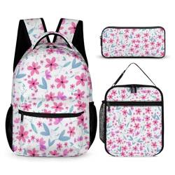 Mateju Schulrucksack, Elegante Blumen Rucksack Damen Herren, Schulrucksack Teenager, Rucksack Kinder, Leichtgewicht Schulrucksack-Set 3 Stück mit Lunchtasche Federmäppchen (Weiß) von Mateju